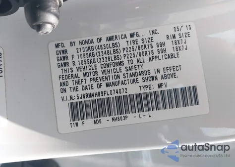 2015 Honda Cr-V Touring from USA, damaged, VIN 5J6RM4H99FL074072